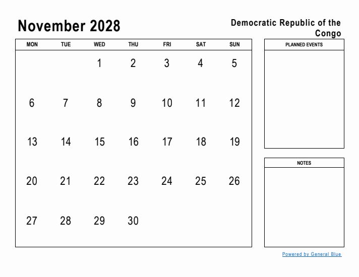 November 2028 Printable Monthly Calendar with Democratic Republic of the Congo Holidays