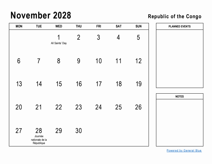 November 2028 Printable Monthly Calendar with Republic of the Congo Holidays