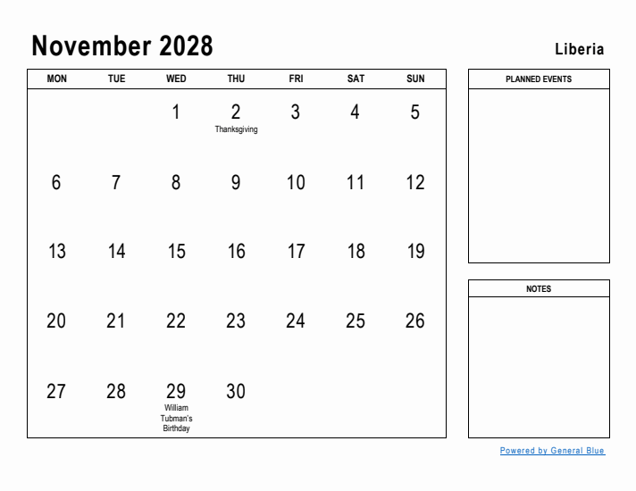 November 2028 Printable Monthly Calendar with Liberia Holidays