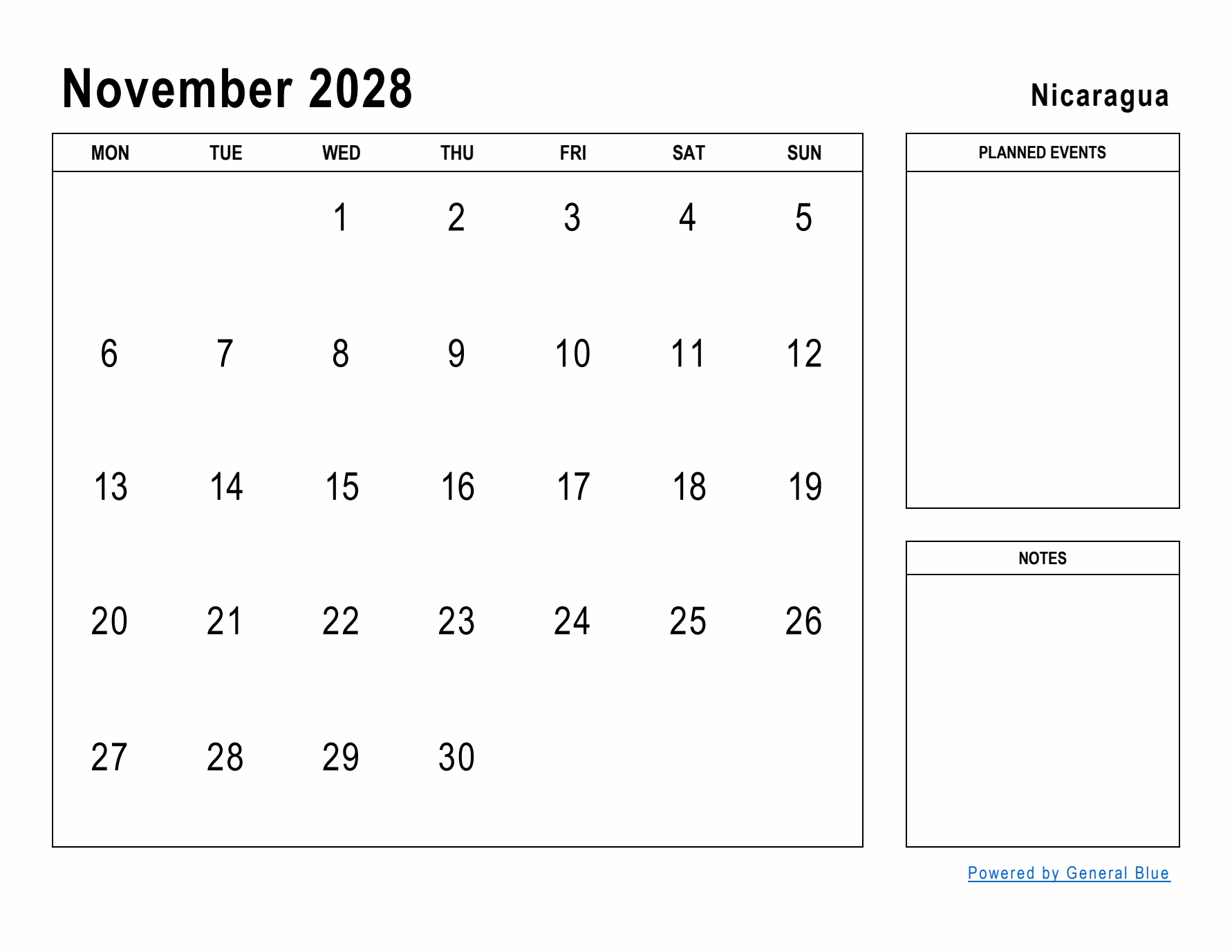 November 2028 Printable Monthly Calendar with Nicaragua Holidays