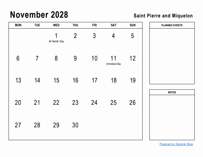 November 2028 Printable Monthly Calendar with Saint Pierre and Miquelon Holidays