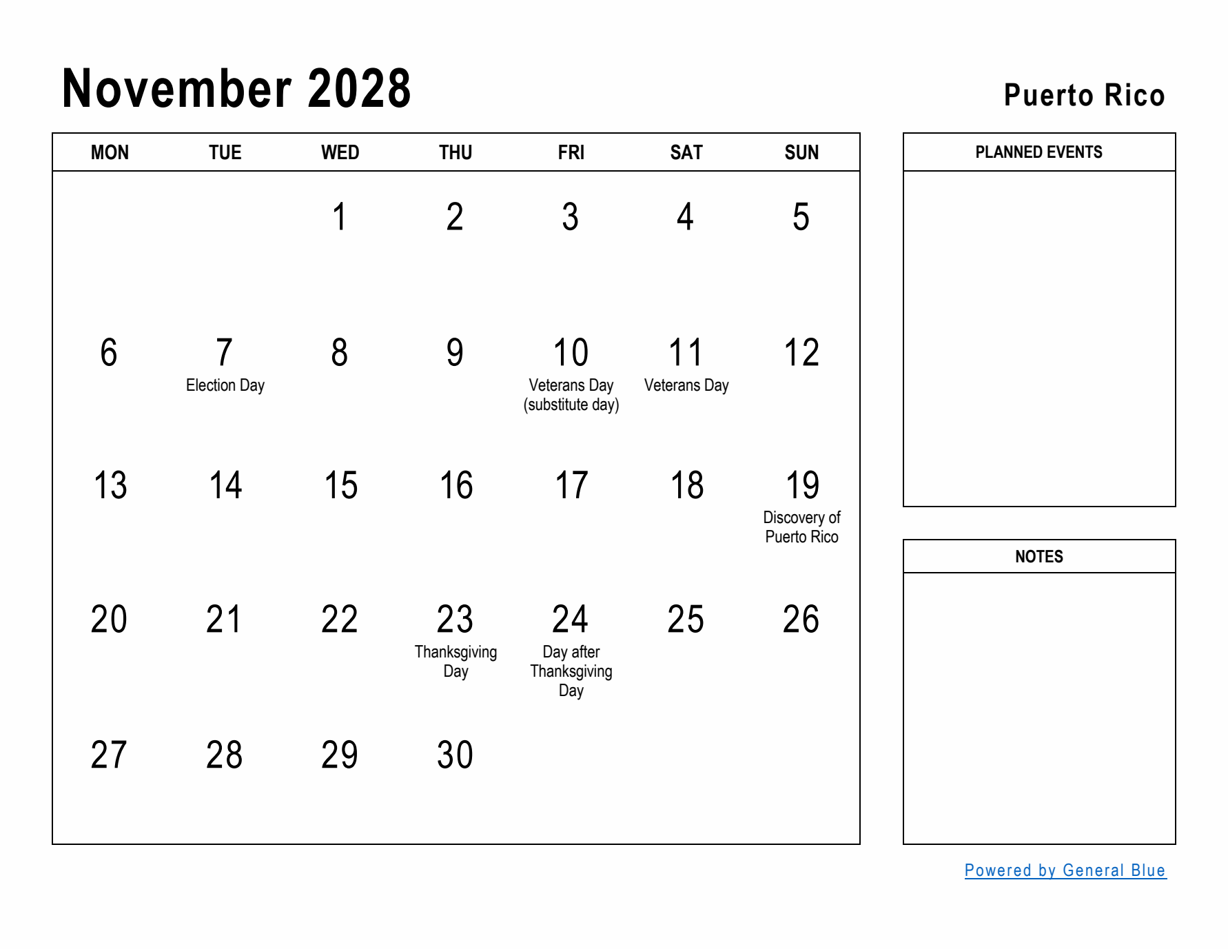 November 2028 Printable Monthly Calendar with Puerto Rico Holidays