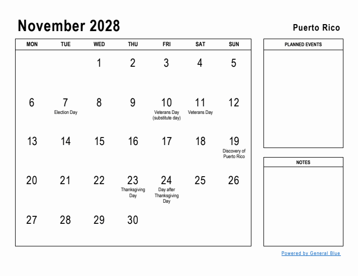 November 2028 Printable Monthly Calendar with Puerto Rico Holidays