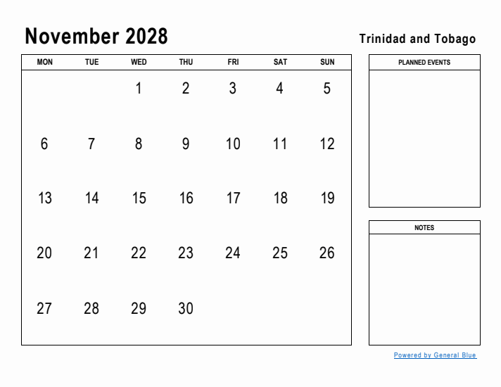 November 2028 Printable Monthly Calendar with Trinidad and Tobago Holidays