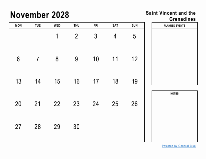 November 2028 Printable Monthly Calendar with Saint Vincent and the Grenadines Holidays