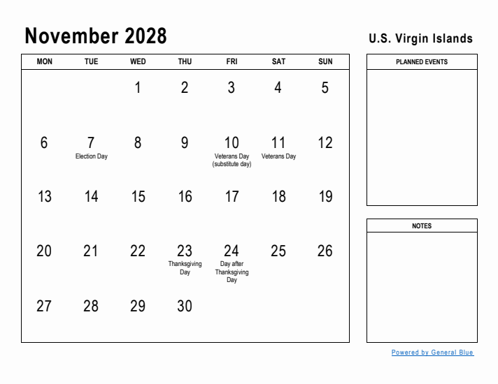November 2028 Printable Monthly Calendar with U.S. Virgin Islands Holidays