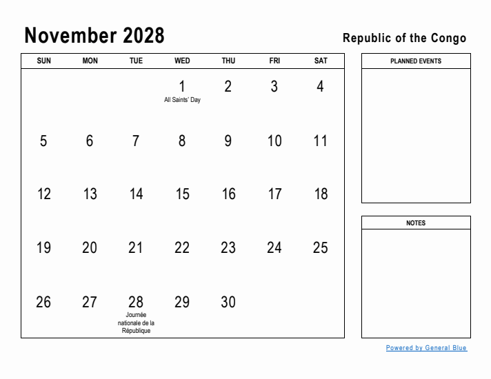 November 2028 Printable Monthly Calendar with Republic of the Congo Holidays