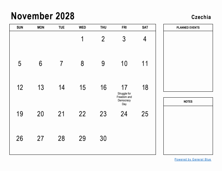 November 2028 Printable Monthly Calendar with Czechia Holidays