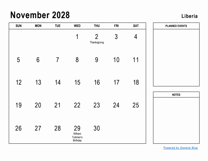 November 2028 Printable Monthly Calendar with Liberia Holidays