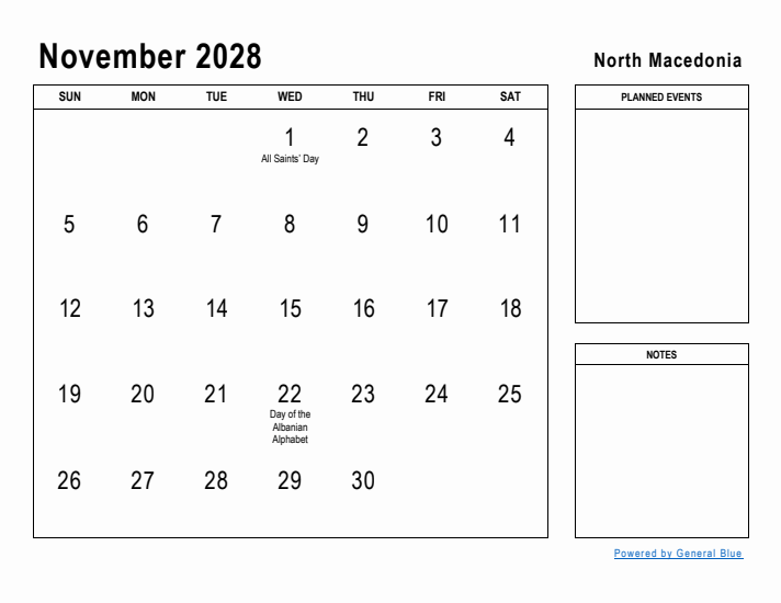 November 2028 Printable Monthly Calendar with North Macedonia Holidays