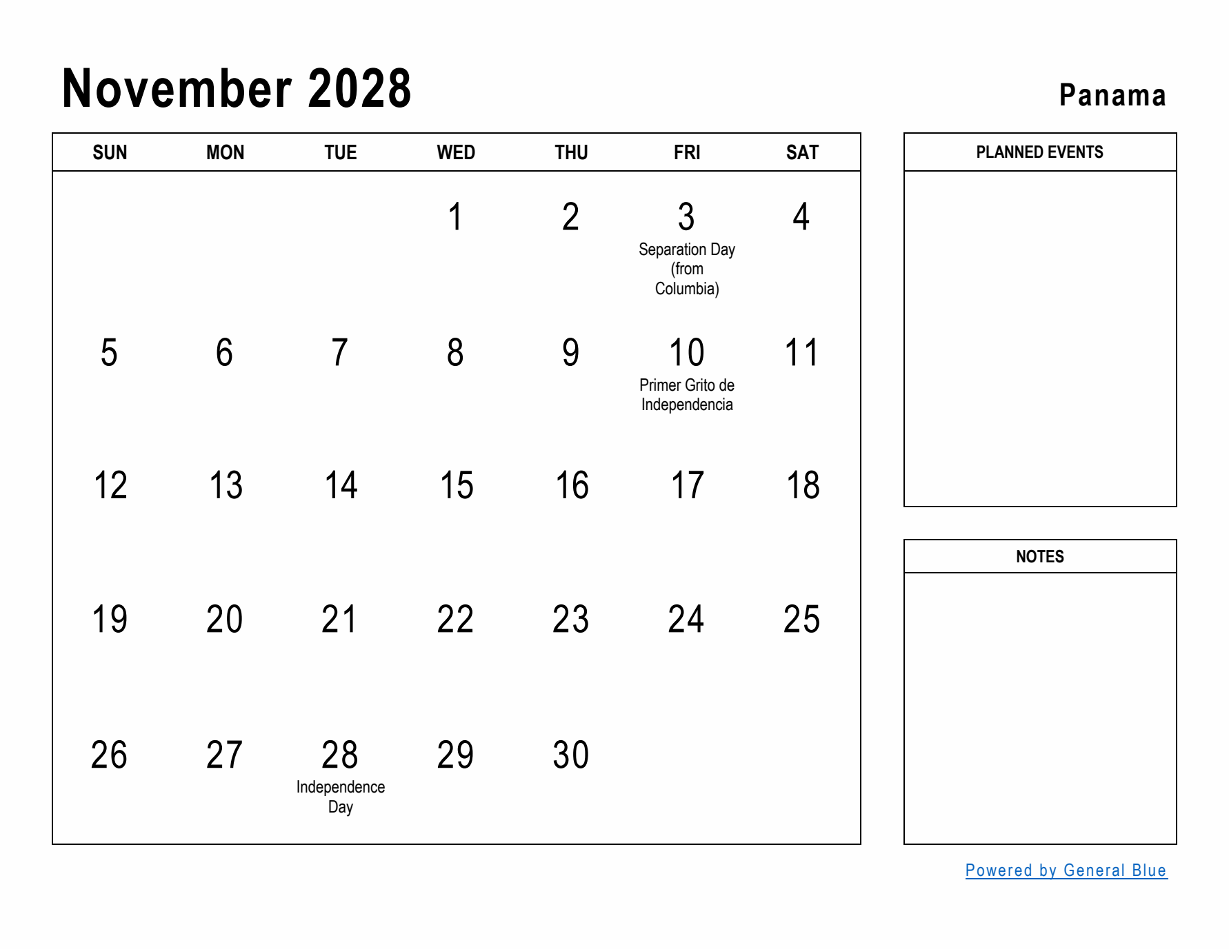 November 2028 Printable Monthly Calendar with Panama Holidays