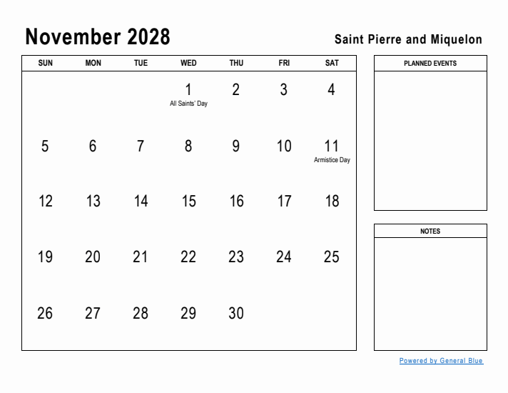 November 2028 Printable Monthly Calendar with Saint Pierre and Miquelon Holidays
