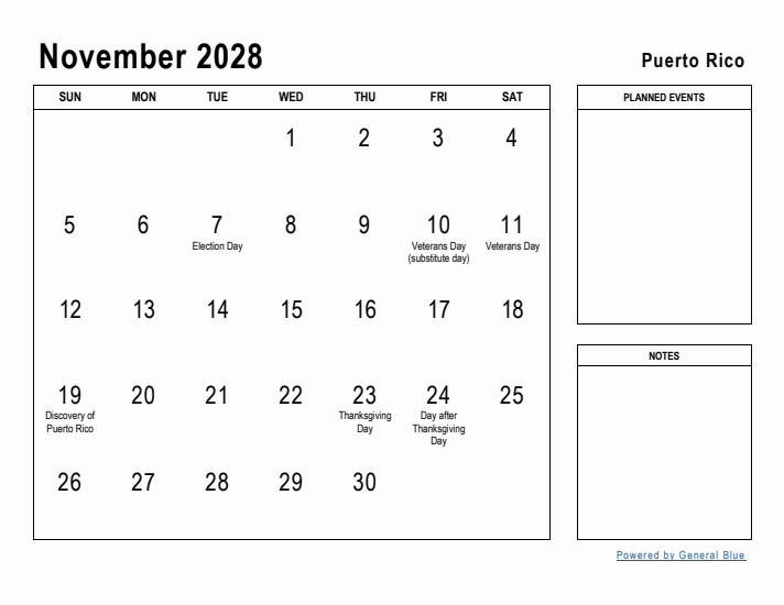 November 2028 Printable Monthly Calendar with Puerto Rico Holidays