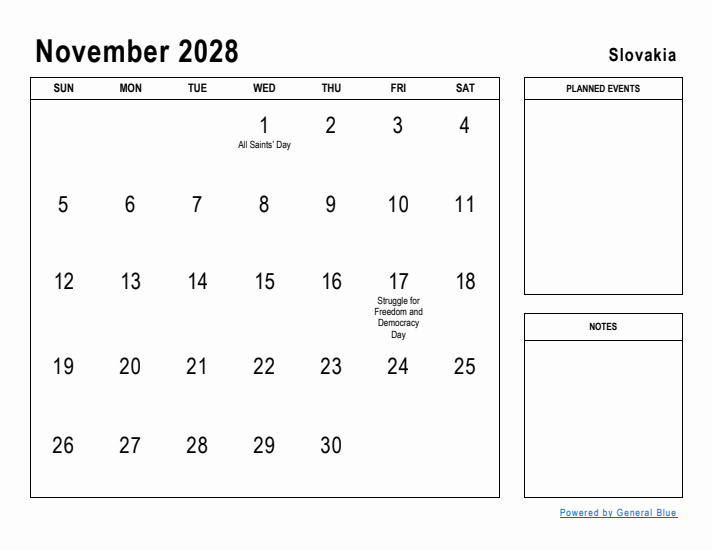 November 2028 Printable Monthly Calendar with Slovakia Holidays