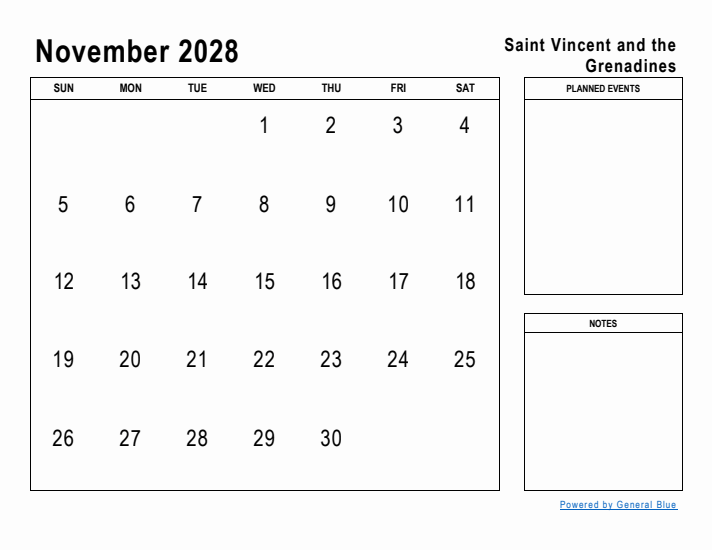 November 2028 Printable Monthly Calendar with Saint Vincent and the Grenadines Holidays