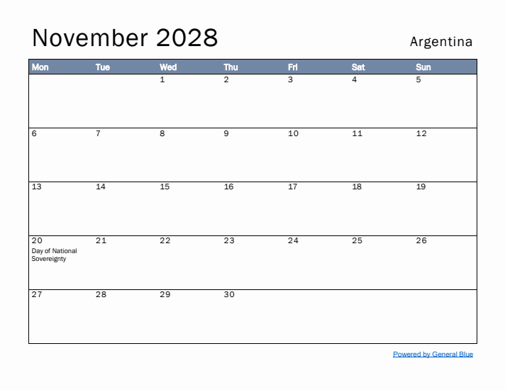 November 2028 Simple Monthly Calendar for Argentina