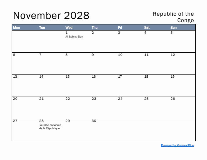 November 2028 Simple Monthly Calendar for Republic of the Congo
