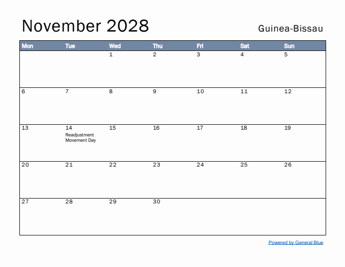 November 2028 Simple Monthly Calendar for Guinea-Bissau