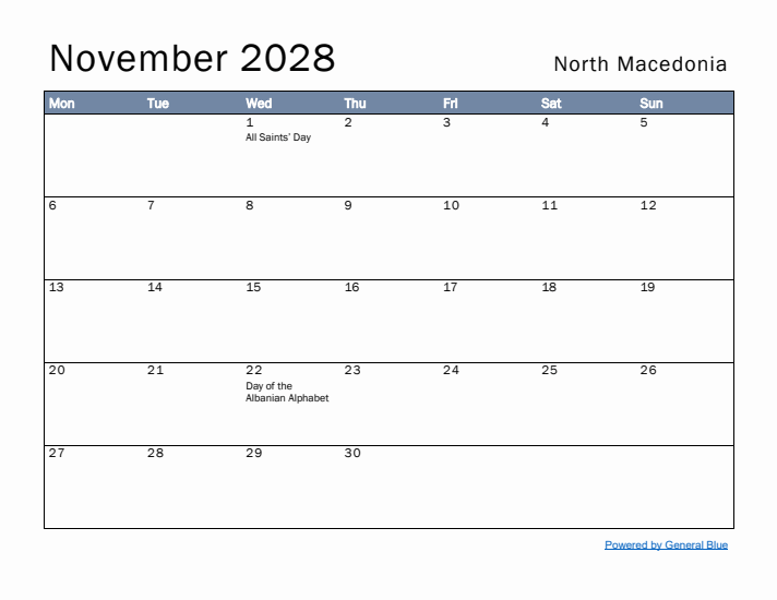 November 2028 Simple Monthly Calendar for North Macedonia