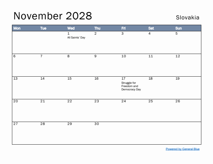 November 2028 Simple Monthly Calendar for Slovakia