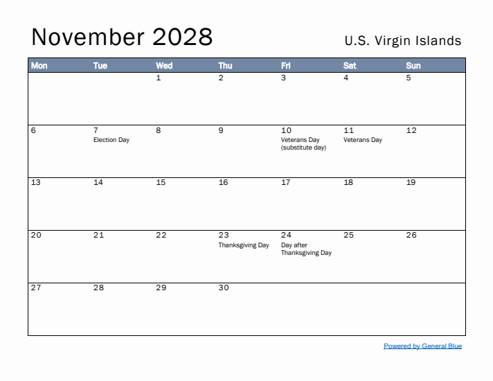 November 2028 Simple Monthly Calendar for U.S. Virgin Islands