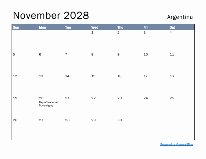 November 2028 Simple Monthly Calendar for Argentina