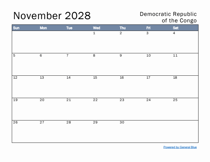 November 2028 Simple Monthly Calendar for Democratic Republic of the Congo
