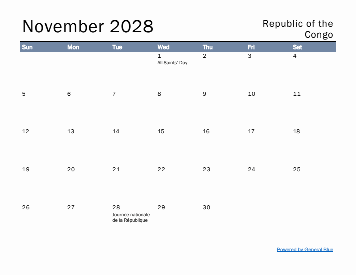 November 2028 Simple Monthly Calendar for Republic of the Congo
