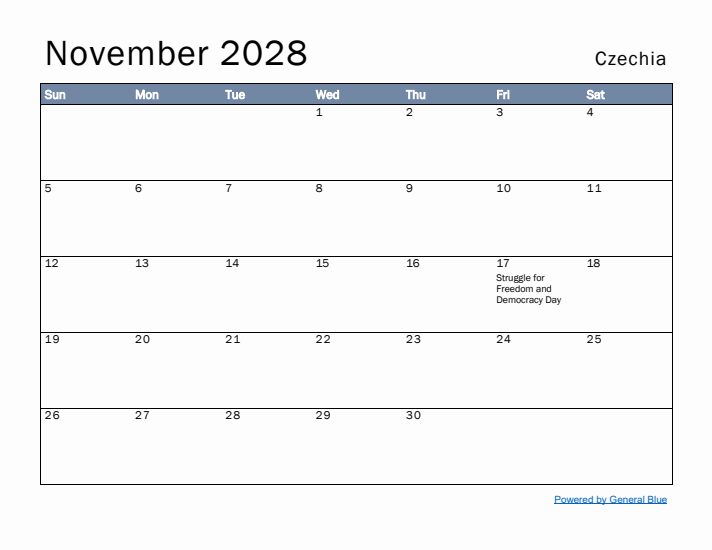 November 2028 Simple Monthly Calendar for Czechia