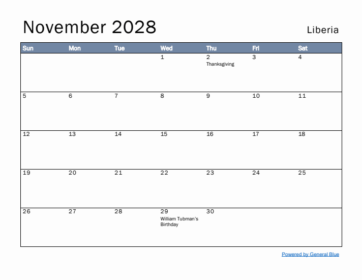 November 2028 Simple Monthly Calendar for Liberia