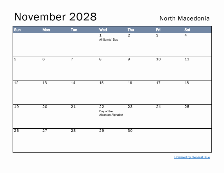 November 2028 Simple Monthly Calendar for North Macedonia