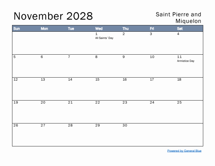 November 2028 Simple Monthly Calendar for Saint Pierre and Miquelon
