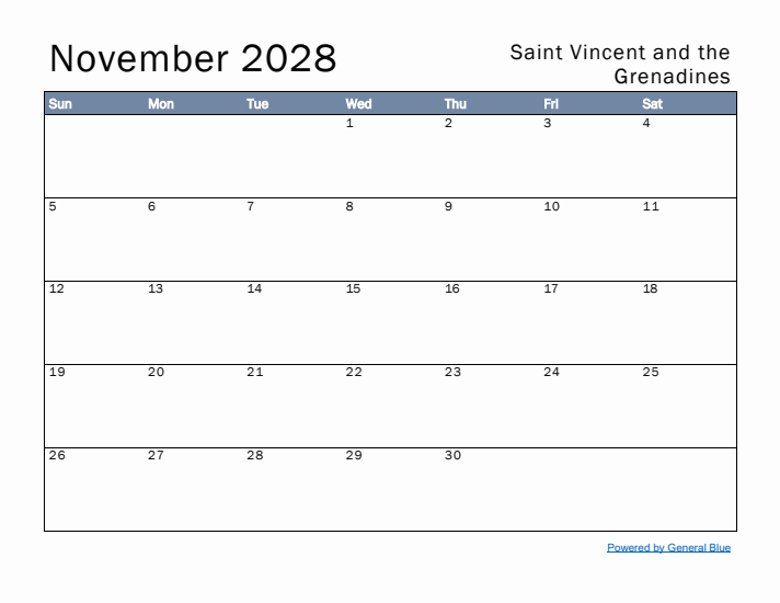 November 2028 Simple Monthly Calendar for Saint Vincent and the Grenadines