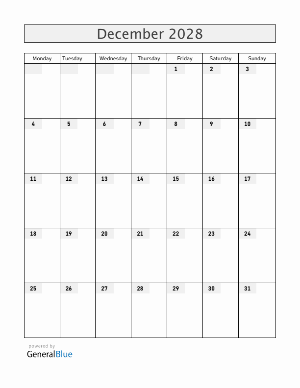 Blank December 2028 Calendar