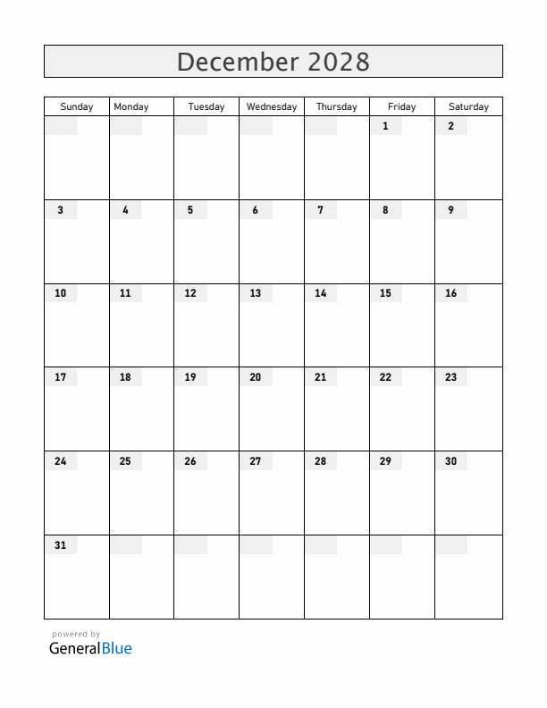 Blank December 2028 Calendar