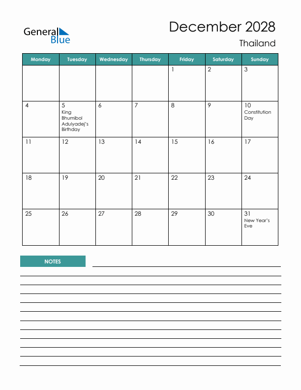 Calendar with Notes Printable - Monday Start