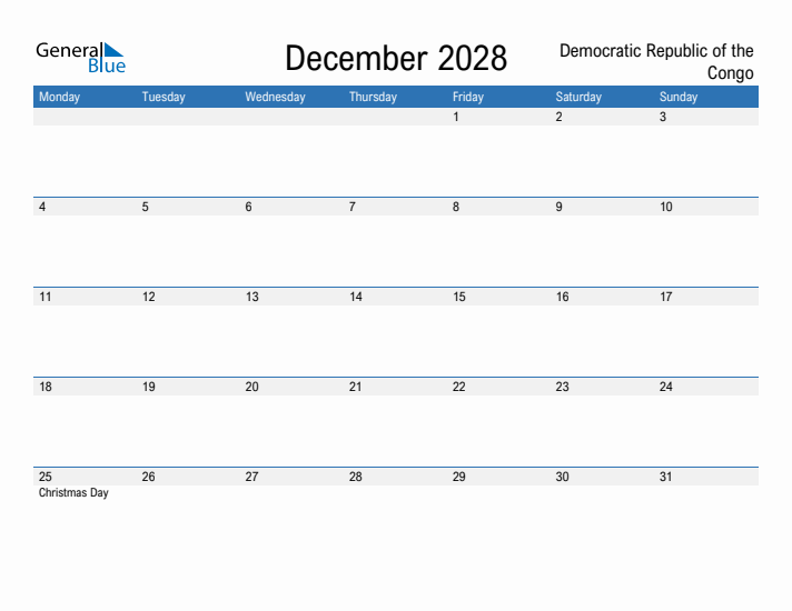 Fillable December 2028 Calendar