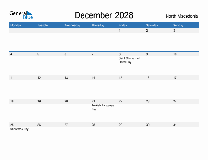 Fillable December 2028 Calendar