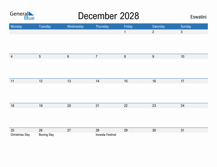 Fillable December 2028 Calendar