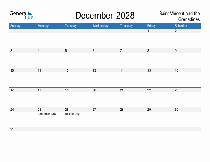 Fillable December 2028 Calendar