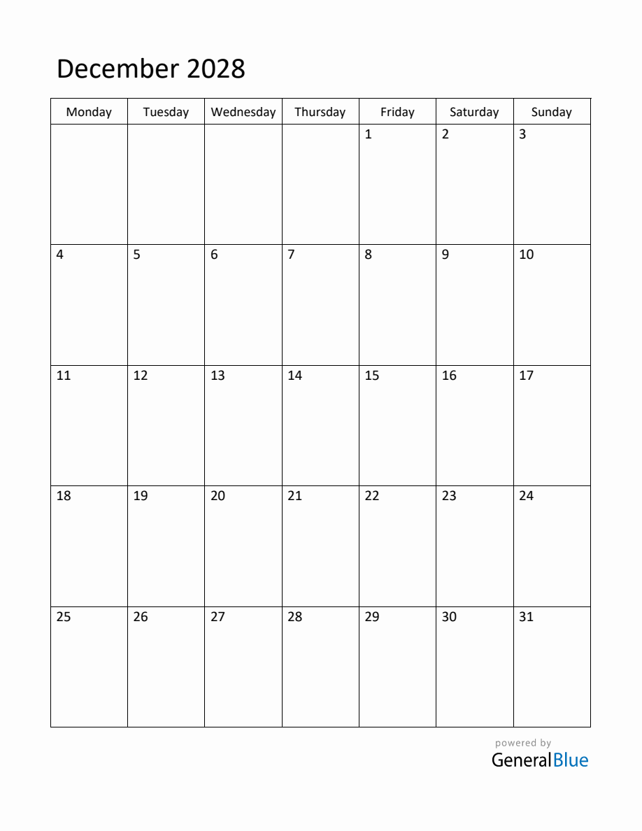 Editable December 2028 Monthly Calendar - Monday Start