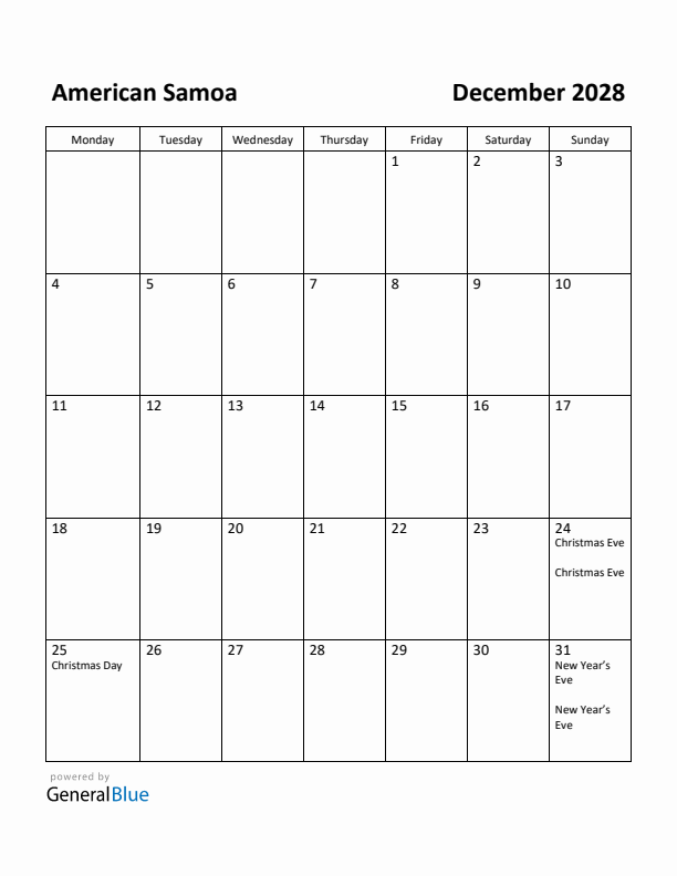 December 2028 Calendar with American Samoa Holidays