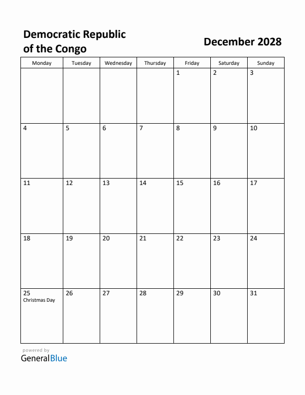 December 2028 Calendar with Democratic Republic of the Congo Holidays