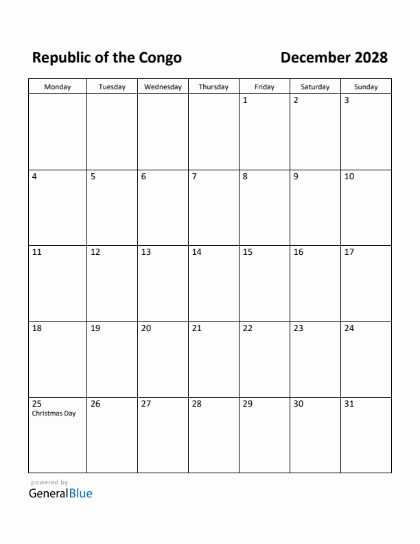 December 2028 Calendar with Republic of the Congo Holidays
