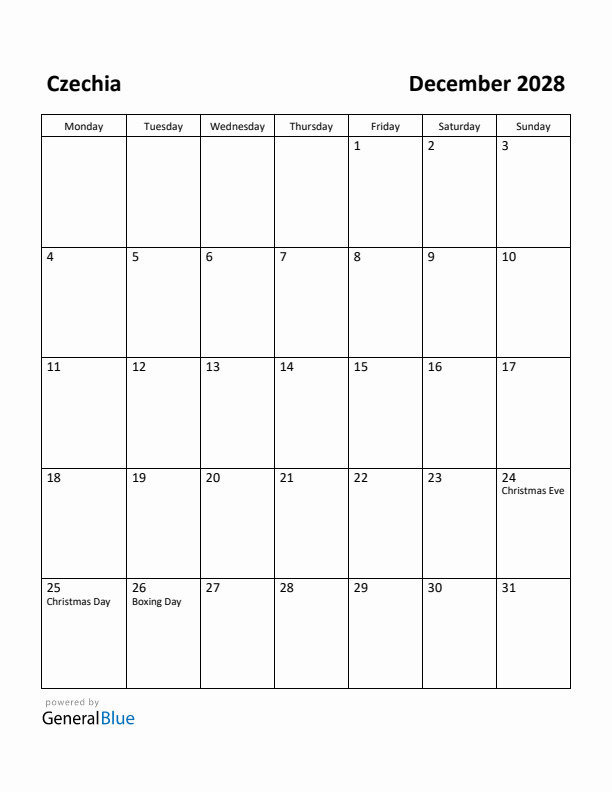 December 2028 Calendar with Czechia Holidays