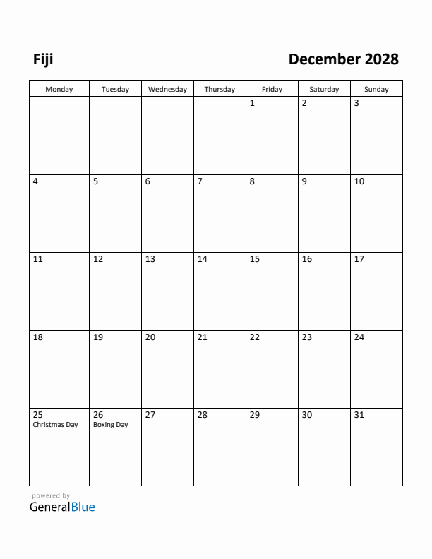 December 2028 Calendar with Fiji Holidays
