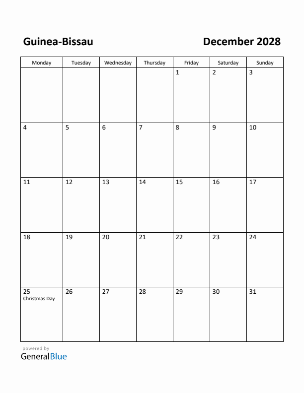 December 2028 Calendar with Guinea-Bissau Holidays