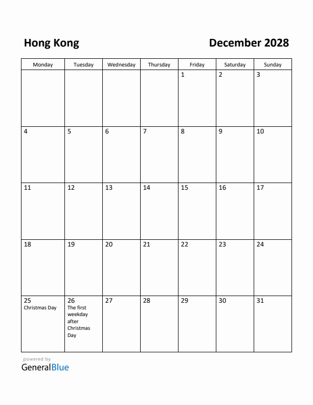 December 2028 Calendar with Hong Kong Holidays
