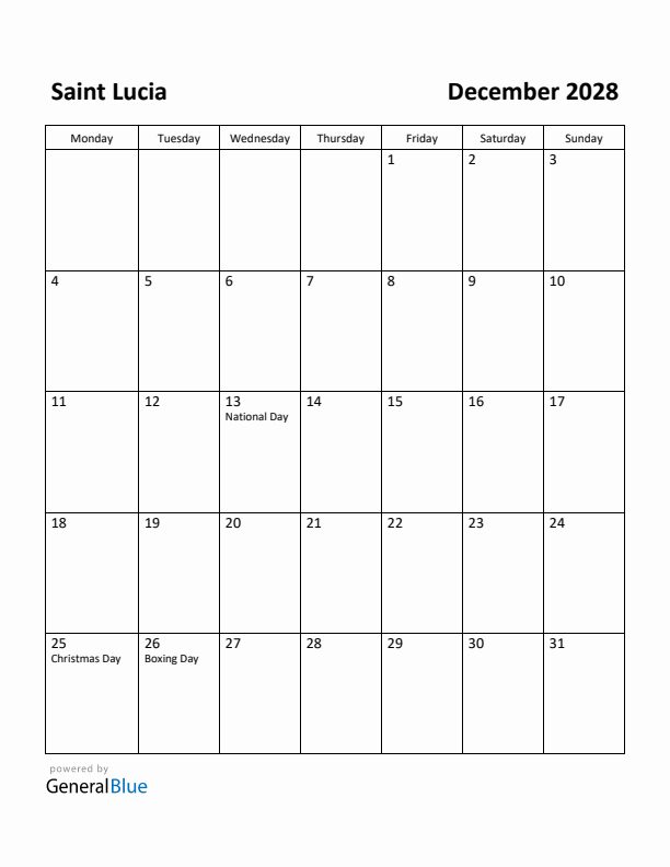 December 2028 Calendar with Saint Lucia Holidays