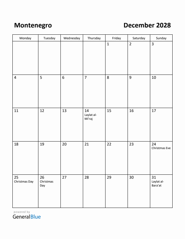 December 2028 Calendar with Montenegro Holidays